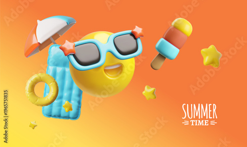 3D banner featuring a smiley face in sunglasses, ice cream, beach umbrella, and mattress.