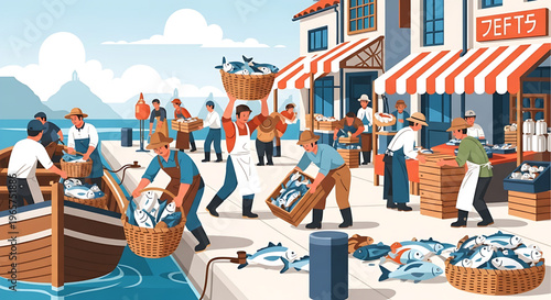 A bustling coastal fish market scene, with fishermen unloading fresh catch from boats and vendors selling seafood at vibrant outdoor stalls