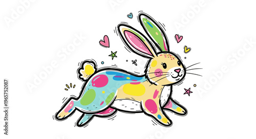 Cute happy cartoon easter bunny character with pink ears holding a white egg vector illustration for a spring holiday card isolated on art background