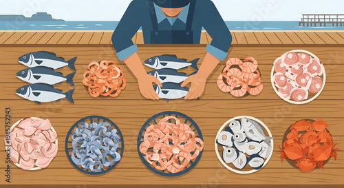 Fresh Seafood Market Displayed on a Wooden Table with an Array of Different Fish and Shellfish