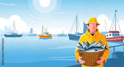 Determined Fisherman in Yellow Raincoat Holding a Basket Full of Freshly Caught Fish with Fishing Boats and City Skyline in the Background, Representing a Successful Maritime Harvest
