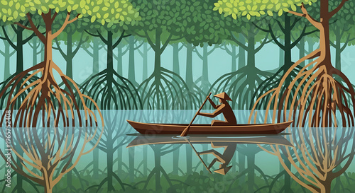 Explore the serene beauty of a lone adventurer rowing a boat through a lush mangrove forest with reflections in the water