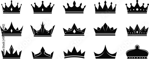 Flat vector crown silhouette illustration with fifteen unique royal headwear designs, black decorative symbols, authority royalty concept, heraldic graphic art