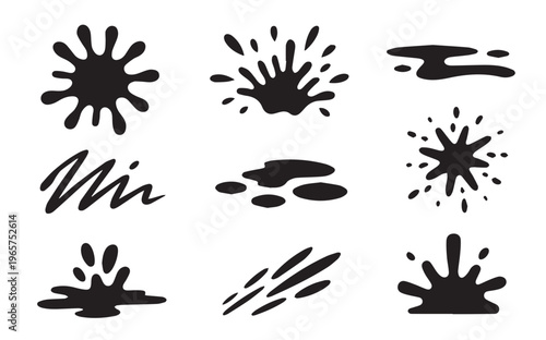 Set of black ink splashes and ink blots vector set with floral, leaf, flower, bird, and tribal nature decoration elements