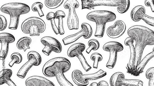 Wooden Engraving Mushroom on White Background