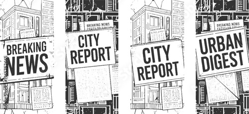 Four black and white panels featuring newspaper headlines and urban building facades breaking city