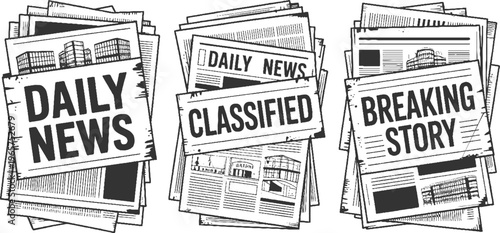 Three stacks of newspapers with headlines daily news classified and breaking story in a hand drawn style