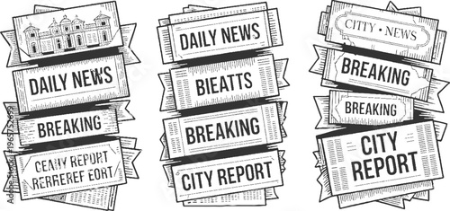 Vintage newspaper headlines and building in black and white style breaking daily city