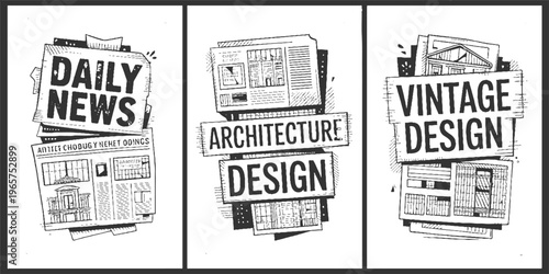 Three hand drawn newspaper style panels featuring the words daily news architecture and vintage with architectural