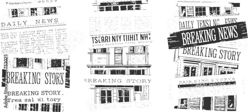 Black and white newspaper clippings with headlines like daily news breaking story and architectural