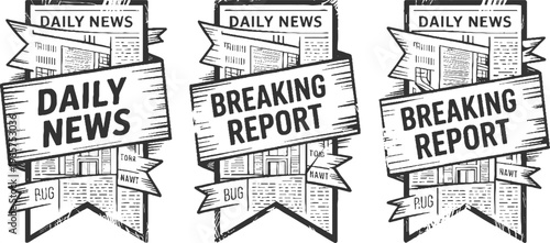 Three black and white newspaper banners with text daily news and breaking report