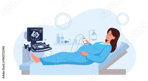 Pregnant Woman Undergoing Ultrasound Examination in Modern Clinic