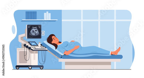 Pregnant Woman Undergoing Ultrasound Examination in Modern Clinic