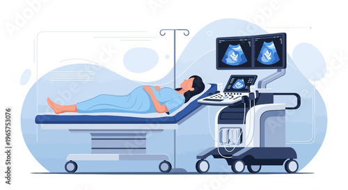 Pregnant woman undergoing ultrasound examination in modern medical clinic with advanced equipment