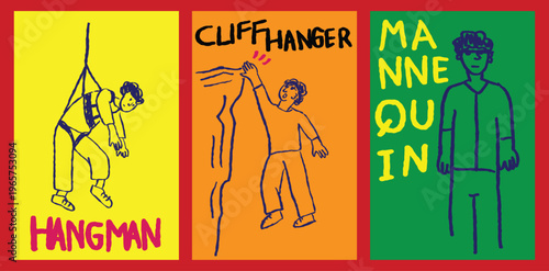 Vintage comic book style posters with hangman, cliffhanger, mannequin