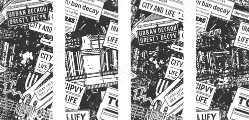 Black and white collage of urban decay and city life signs with distressed textures