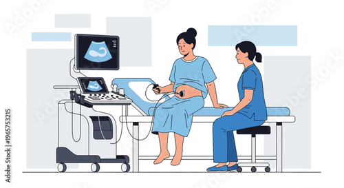 Pregnant woman undergoing ultrasound examination with doctor in clinic