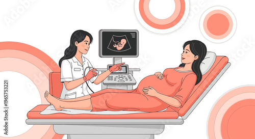 Pregnant woman undergoing ultrasound examination with doctor in clinic, baby on screen