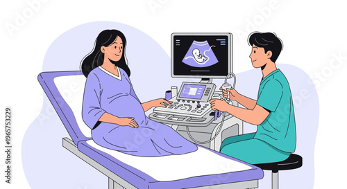 Pregnant Woman Undergoing Ultrasound Examination with Doctor in Clinic