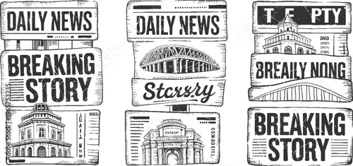 Six vintage newspaper headlines and architectural in black and white daily breaking