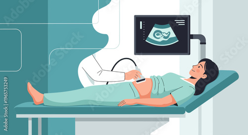 Pregnant Woman Undergoing Ultrasound Examination with Doctor in Clinic