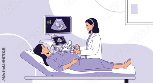 Pregnant Woman Undergoing Ultrasound Examination with Doctor in Clinic