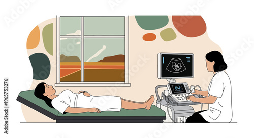 Pregnant Woman Undergoing Ultrasound Examination with Doctor in Clinic