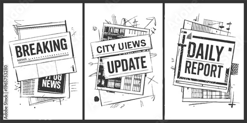 Three newspaper headlines in a style reading breaking news city views update and daily report