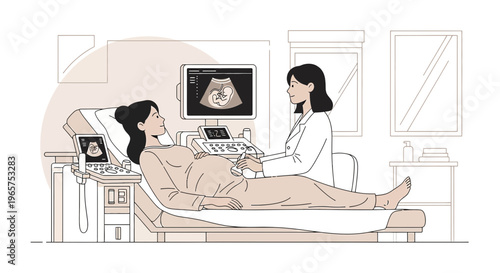 Pregnant Woman Undergoing Ultrasound Examination with Doctor in Clinic