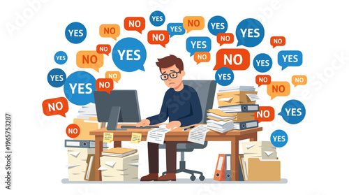 Overwhelmed office worker with paperwork and computer screens.