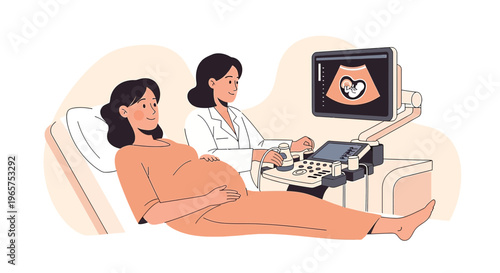 Pregnant Woman Undergoing Ultrasound Examination with Doctor in Clinic