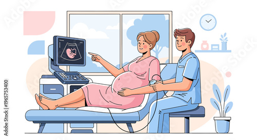 Pregnant woman undergoing ultrasound examination with doctor in clinic