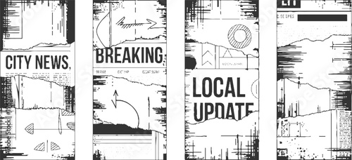 Four vertical torn paper banners with black ink newspaper headlines and