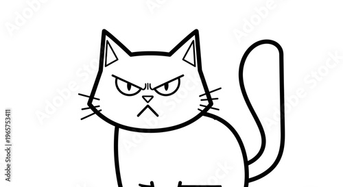 Angry cartoon cat illustration, black and white line art drawing with a grumpy expression. Stylized pet animal vector.
