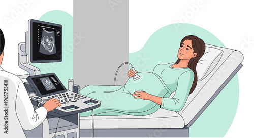 Pregnant Woman Undergoing Ultrasound Examination with Doctor in Clinic