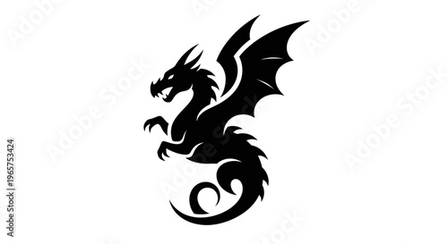 Powerful Black Dragon Silhouette Illustration. Mythical Fantasy Creature Vector Art, Legend Symbol, Tattoo Design Element.
