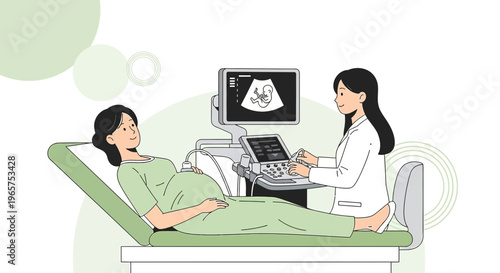Pregnant Woman Undergoing Ultrasound Examination with Doctor in Clinic