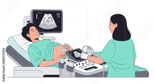 Pregnant Woman Undergoing Ultrasound Examination with Doctor in Clinic
