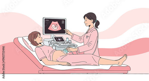 Pregnant Woman Undergoing Ultrasound Examination with Doctor in Clinic