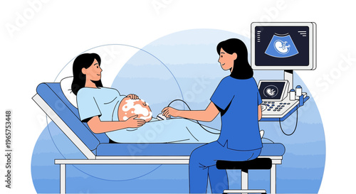 Pregnant Woman Undergoing Ultrasound Examination with Doctor in Clinic