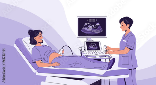 Pregnant Woman Undergoing Ultrasound Examination with Doctor in Clinic