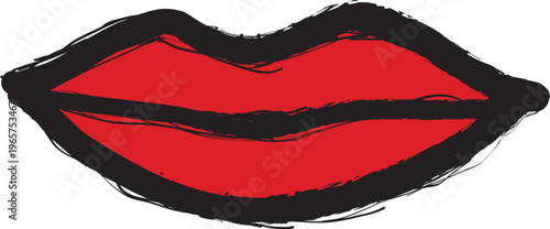 Artistic hand drawn female red lips and mouth in rough strokes isolated over white background. Vector illustration.	
