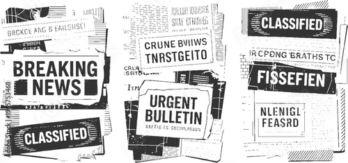 Collage of black and white newspaper clippings with bold headlines like breaking news urgent bulletin and classified
