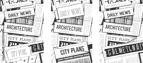 Overlapping black and white newspaper headlines and text fragments including daily news architecture weekly and city plans