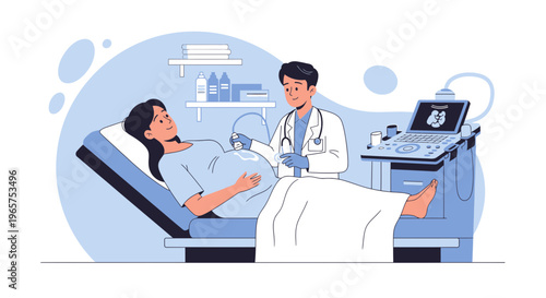 Pregnant Woman Undergoing Ultrasound Examination with Doctor in Clinic