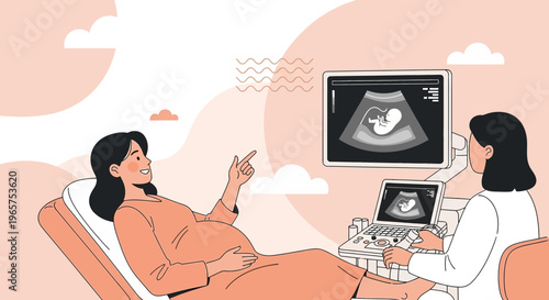 Pregnant woman undergoing ultrasound examination with doctor showing baby on screen