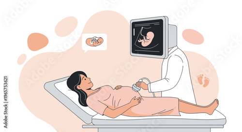 Pregnant woman undergoing ultrasound examination with doctor showing baby on screen