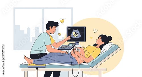 Pregnant Woman Undergoing Ultrasound Examination with Doctor Showing Baby on Screen