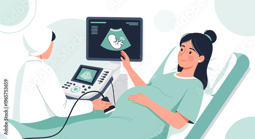 Pregnant woman undergoing ultrasound examination with doctor, baby on screen