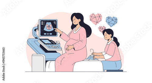 Pregnant Woman Undergoing Ultrasound Examination with Doctor, Baby Scan, Maternity Care